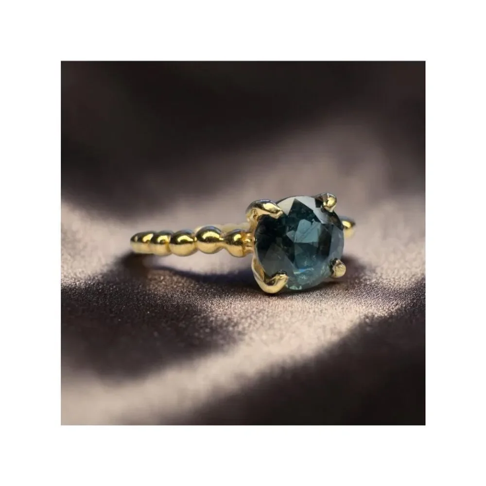 14K Gold Natural Teal Sapphire Ring Beaded Band Size 6 2/3ct Unheated Sapphire